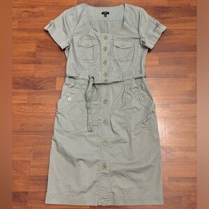 Talbots Safari Button Up Utility Shirt Dress Army Green Belted Stretch Size 6